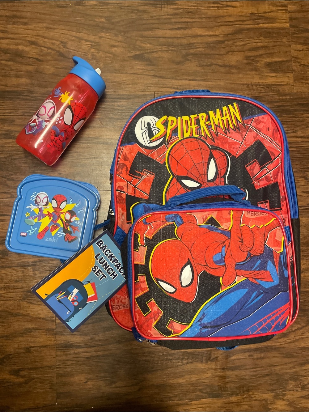 Spiderman Red and Blue Backpack Lunch Set with Bottle and Snack Box